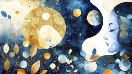 A serene illustration of a woman's profile surrounded by celestial elements and botanical motifs in a celestial color palette.