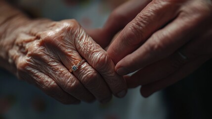 Fototapeta premium Close-up of an elderly woman's hand with a diamond ring on her finger, held by a younger hand. The image captures the passage of time and the enduring power of love.