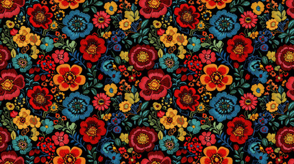 Seamless pattern of decorative embroidery design featuring colorful trendy flowers and ornate lace perfect for fabric prints and textile designs