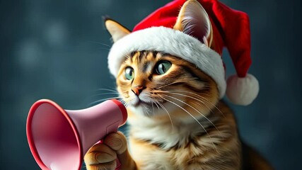 Cat wearing a Santa hat holding a red megaphone on a dark background. Christmas and holiday announcement concept. Design for greeting card and poster.