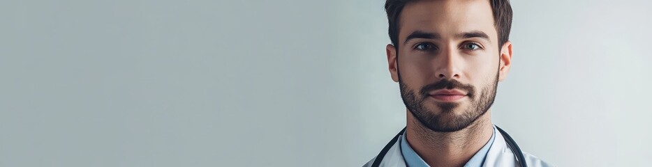Obraz premium A young caucasian man in a white coat with a stethoscope looks intently at the camera with a calm expression, against a light gray background.