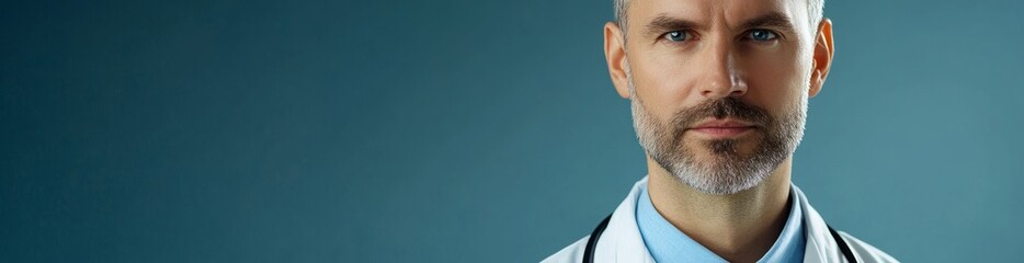 Obraz premium Portrait of a serious-looking male doctor in a white lab coat with a stethoscope against a blue background.