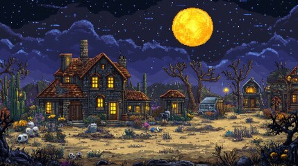 Fototapeta premium A pixelated landscape depicting a small village with a large moon in the night sky.