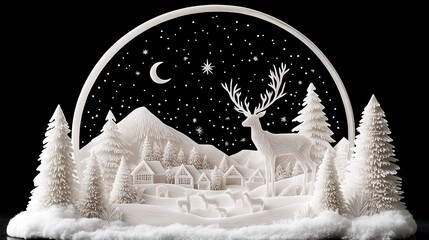 Elegant paper-cut diorama of a winter landscape with a majestic deer, snow-covered trees, a village, and mountains beneath a crescent moon and starry night sky. Holiday tranquility and  nature.