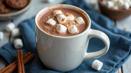 A warm cup of rich hot chocolate topped with fluffy marshmallows, surrounded by cinnamon sticks and crumbled brown sugar for a perfect cozy treat.