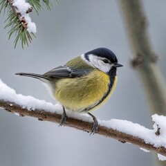Obraz premium Great Tit Perched on Snow-Covered Branch in Winter Setting