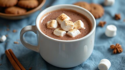 A warm cup of rich hot chocolate topped with fluffy marshmallows, surrounded by cinnamon sticks and crumbled brown sugar for a perfect cozy treat.