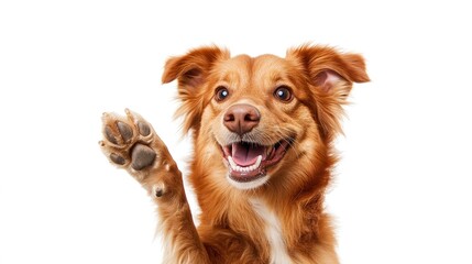 A cheerful dog giving a high five with its front paw, standing on a white surface, with a big smile and bright eyes, providing ample copy space around the subject