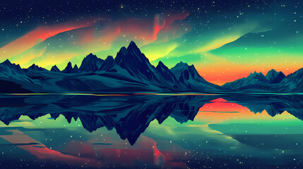 Fototapeta premium Aurora borealis in the sky. Aurora Borealis Reflection. Illustration