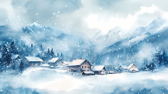 Christmas xmas winter wonderland cozy warm festive landscape snowy mountains houses village festive watercolor card illustration design snow stars blue neutral happy. Snowy Village. Illustration