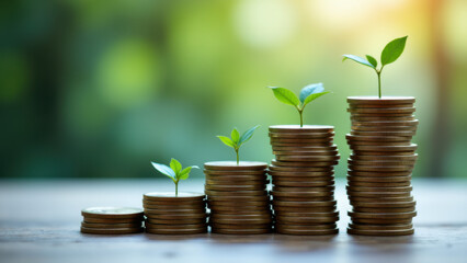 Pile of coins with growing plant sprouts, symbolizing growth and investment.