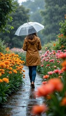 A woman walking with an umbrella through a rainy garden surrounded by bright flowers in soft focus
