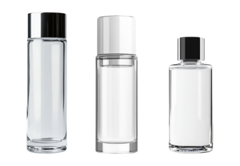 Three Cosmetic Bottle Mockup Transparent Glass Container Packaging For Branding Design Product Perfume Serum With Silver White Black Cap Isolated On White Background
