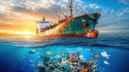 Underwater view: electric ship hull above, digital fish schools representing clean shipping impact