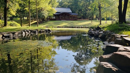 Naklejka premium Serene Pond Surrounded by Lush Greenery