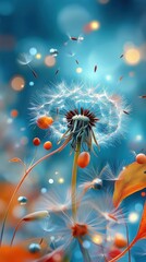 Obraz premium Detailed capture of a dandelion seed head, tiny spores ready to be blown away, golden sunset lighting
