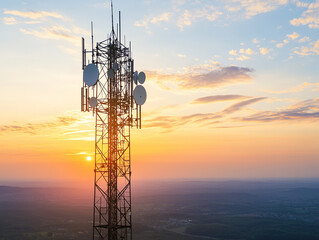 High-Tech Communication Tower with Satellite Dishes at Sunrise