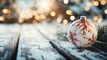 Festive Red and White Christmas Ornament on Snow-Dusted Wooden Surface with Warm Holiday Lights