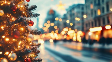 Beautifully Decorated Christmas Tree with Glowing Lights on Festive City Street During Holiday Season