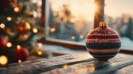 Knitted Christmas Ornament with Festive Patterns on Rustic Wooden Table by Cozy Holiday Tree and Window