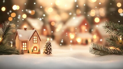 Charming Snow-Covered Miniature House and Christmas Tree in Cozy Winter Village with Festive Lights