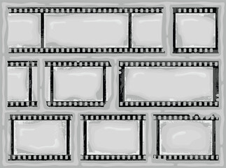 Grunge film strip border frame.  Camera roll vintage design. Photo album, place for negative pictures with grunge effect. Retro scratched vector background