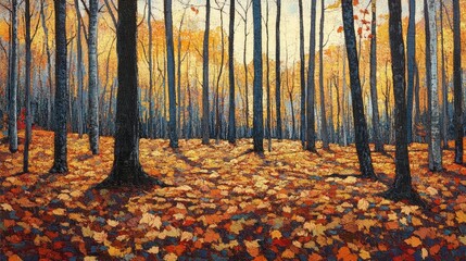 Sunlit Panoramic Forest Landscape in Autumn