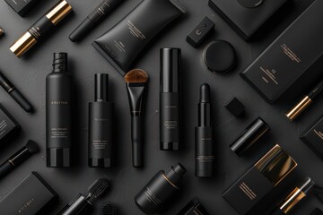 Elegant black cosmetic containers arranged in a flat lay, showcasing luxury beauty products in minimalistic design.