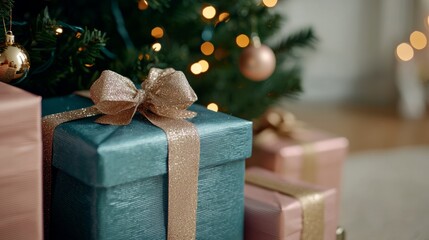 Luxurious Blue and Pink Christmas Gifts with Sparkling Ribbons Under Decorated Tree with Warm Lights