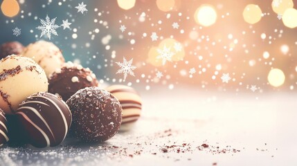 Elegant Assortment of Chocolate Truffles with Snowflake Decorations and Warm Festive Lighting Background