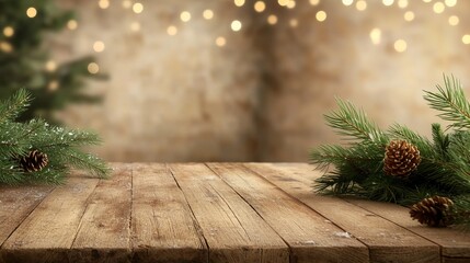 Rustic Wooden Table with Pine Branches and Pinecones, Festive Holiday Background with Twinkling Lights
