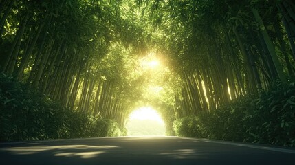 Naklejka premium Serene Bamboo Road in Gentle Sunlight