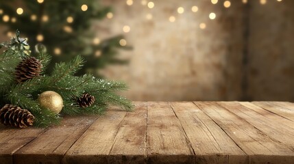 Rustic Holiday Background with Pine Branches, Pinecones, and Christmas Ornaments on Wooden Table