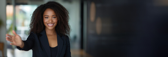 Head shot portrait smiling African American businesswoman offering handshake, standing with extended hand in modern office, friendly hr manager or team leader greeting or welcoming new worker