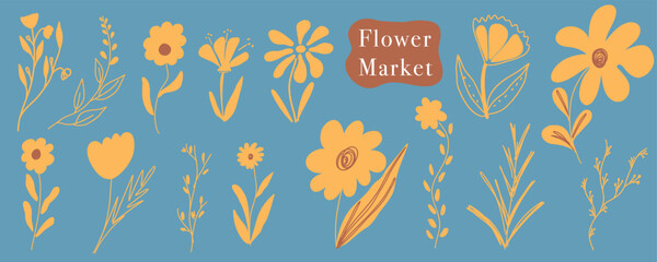 Hand drawn floral illustrations in a minimalist, vintage style on a blue background evoke a calming Flower Market aesthetic. The earthy tones and simple line art create a modern, rustic feel. Vector