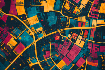 A colorful abstract aerial view of a city with winding roads and a vibrant palette of colors.