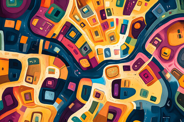 Abstract colorful digital art with squares and shapes in shades of blue, red, green, yellow, and purple.