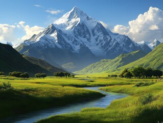 Fototapeta premium Majestic mountain landscape with lush greenery and a flowing river beneath blue skies.