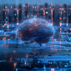 A digital brain glows with red and blue lights against a city backdrop, symbolizing artificial intelligence and technological advancement.