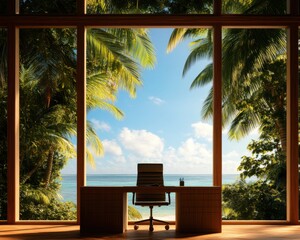 Fototapeta premium Home office with a stunning view of palm trees and ocean.