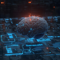 A digital brain with glowing lines and circuitry, representing the concept of artificial intelligence and neural networks.