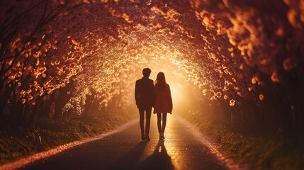 Fototapeta premium Couple Walking Through Romantic Flower Tunnel