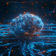 A digital rendering of a brain with glowing blue and orange lights. It looks like the brain is on a circuit board.