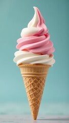 Delicious Swirl Ice Cream Cone Featuring Pink and White Soft Serve Served in a Crispy Waffle Cone Against a Soft Blue Background