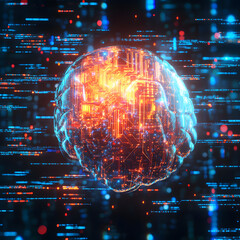 A glowing digital brain illustration with intricate circuitry, representing artificial intelligence and the power of technology.