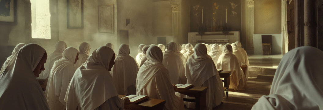 Hyper-realistic photograph capturing the essence of a group of Christian monks wearing white habits seated at the scriptorium writing ancient codices.