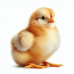 Fototapeta premium A close-up of fluffy, yellow chick on white background. Generated with AI.