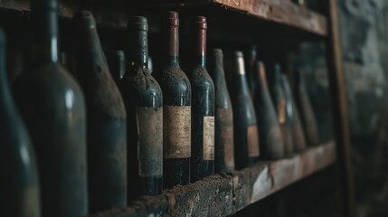 Vintage wine bottles coated in dust, arranged on wooden racks inside a dark cellar, the muted lighting enhancing the feeling of age and exclusivity