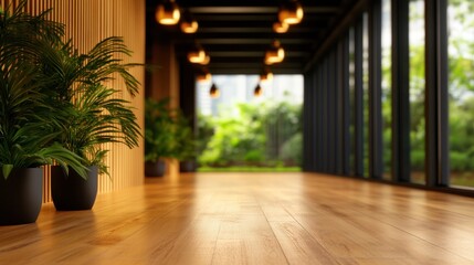 Fototapeta premium Indoor space with wooden floor and greenery, featuring bright lighting and windows.
