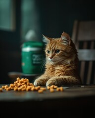 Ginger cat sitting at a table with cat treats scattered around.